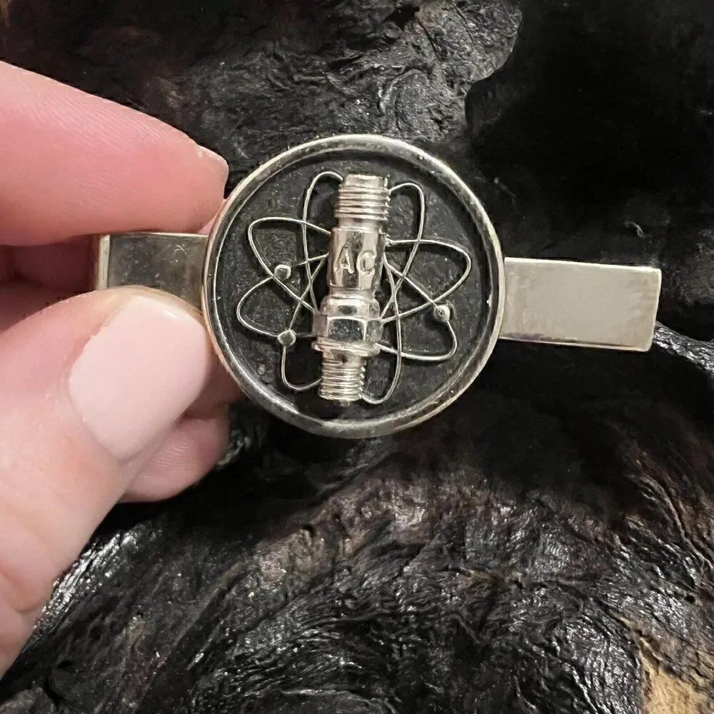 Vintage AC Spark Plug Tie Clasp Advertising Atoms Silver Tone Mid Century
